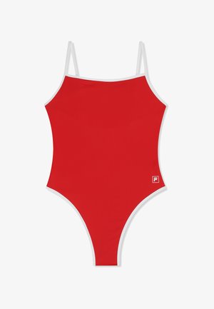 Roter Einteiler mit weißem Besatz und dünnen Schultergurten, mit einem kleinen weißen Logo auf der unteren linken Seite.