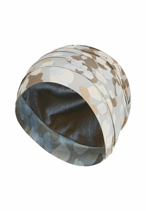 Blødt stofhovedbånd med beige, hvidt og gråt camouflage-mønster, vist mod hvid baggrund.