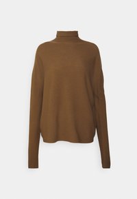 Brązowy sweter typu golf wykonaney z miękkiej dzianiny, z długim rękawem, luźnym krojem i minimalnymi detalami szycia.