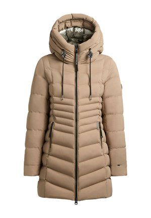Beige dunjakke med hætte, lodret quiltet design, sølvfarvet inderside, justerbare snore og lynlåslommer i siden.