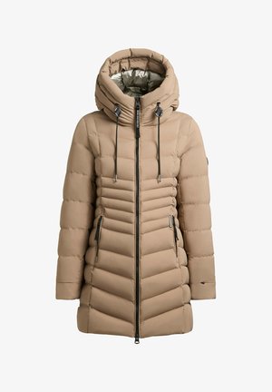 Beige dunjakke med hætte, lodret quiltet design, sølvfarvet inderside, justerbare snore og lynlåslommer i siden.