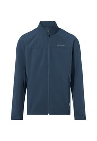 Heren navy softshelljack met een volledige ritssluiting, hoge kraag, ritszakken aan de zijkanten en een reflecterend logo. Glad, lichtgewicht stof.