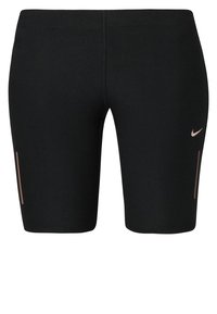 Pantaloni sportivi neri realizzati in materiale elasticizzato, con un design aderente, due tasche laterali e un piccolo logo Nike color oro rosa sulla gamba sinistra.