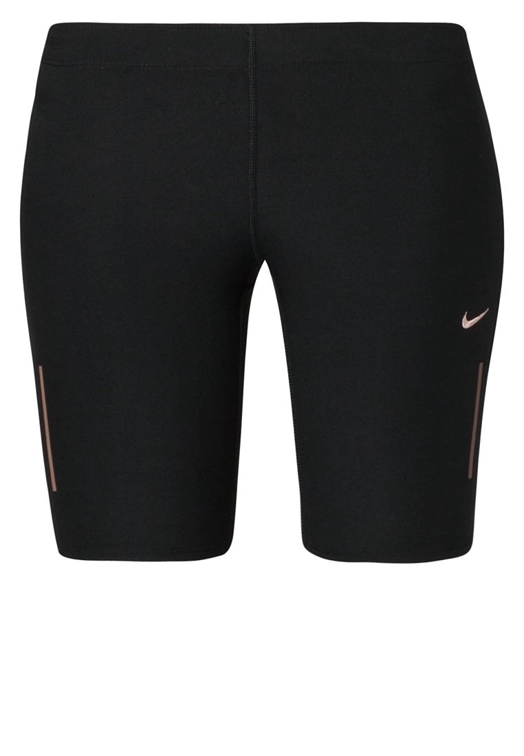 Pantaloni sportivi neri realizzati in materiale elasticizzato, con un design aderente, due tasche laterali e un piccolo logo Nike color oro rosa sulla gamba sinistra.