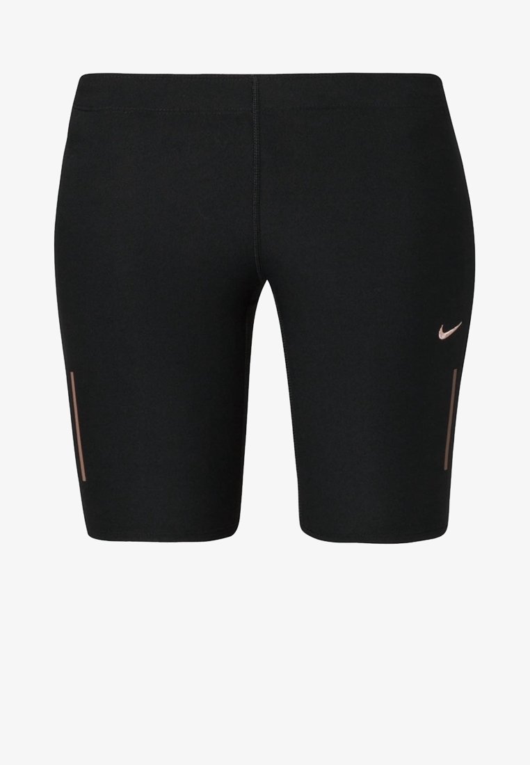 Zwarte sportshorts van rekbaar materiaal, met een aansluitend ontwerp, twee zijzakken en een klein roségouden Nike-logo op het linkerbeen.