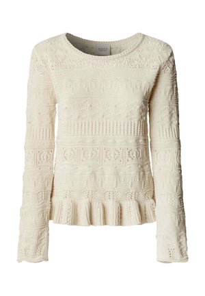 Roomkleurige gebreide trui met lange mouwen, voorzien van ingewikkelde textuurpatronen, een gerimpelde zoom, ronde halslijn en een aansluitend silhouet.