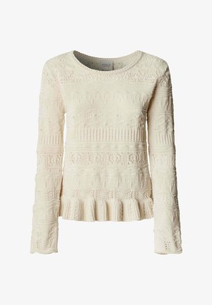 Roomkleurige gebreide trui met lange mouwen, voorzien van ingewikkelde textuurpatronen, een gerimpelde zoom, ronde halslijn en een aansluitend silhouet.