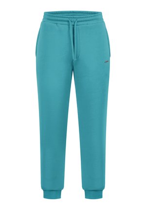 Turkusowe spodnie dresowe wykonane z miękkiego, gładkiego materiału. Posiadają elastyczny pas z sznurkiem oraz dopasowane ściągacze przy kostkach.