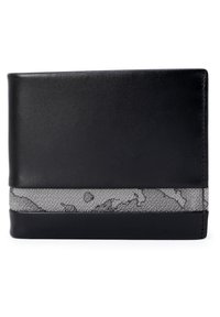 Portafoglio in pelle nera con una fascia testurizzata grigia dal motivo marmorizzato, design pieghevole a due lati e cuciture a contrasto lungo i bordi.