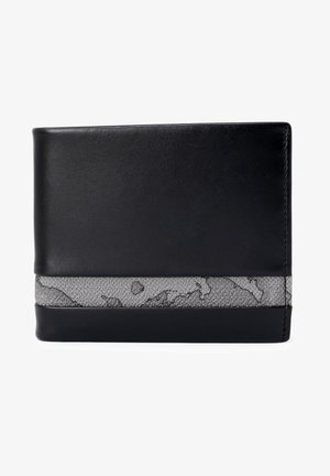 Portafoglio in pelle nera con una fascia testurizzata grigia dal motivo marmorizzato, design pieghevole a due lati e cuciture a contrasto lungo i bordi.