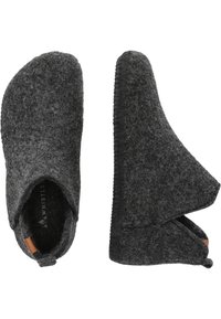 Grijze gevoerde slippers met een hoge achterkant en open zijkanten. Kenmerken zijn een gestructureerd oppervlak en een bruin leren accent op de hak.