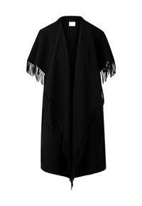 Sort poncho lavet af blødt stof, med dyb V-udskæring og frynser på kanterne. Designet er åbent foran uden lukninger.