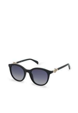 Lunettes de soleil noires œil de chat avec verres foncés dégradés et accents dorés aux charnières sur les branches, présentées sur fond blanc.