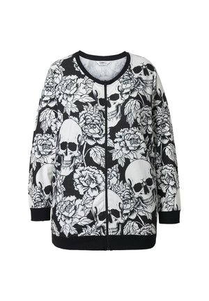 Sudadera negra con cremallera que presenta un patrón de calaveras y flores en blanco, con cuello redondo, mangas largas y puños y dobladillo de canalé.