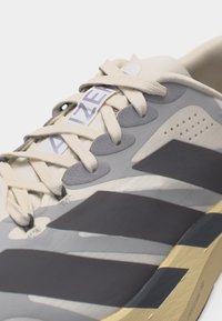 Gros plan sur une chaussure de sport gris et beige avec des lacets crème et des rayures foncées audacieuses, mettant en valeur les détails du dessus et du côté.