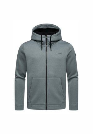 Szürke cipzáras kapucnis pulóver fekete belső résszel, két elülső zsebbel, húzózsinórokkal a kapucnin, valamint bordázott mandzsettákkal és derékkal. Texturált szövetmintázat.