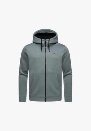 Gray zip-up hoodie with a black interior, two front pockets, drawstrings on the hood, and ribbed cuffs and hem. Textured fabric design.