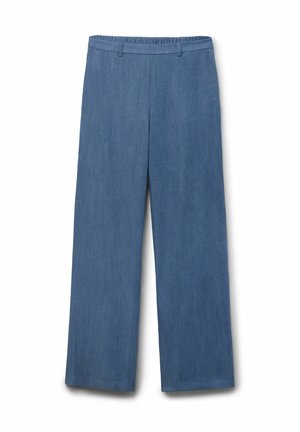 Pantalon bleu à jambes larges avec taille élastique et passants pour ceinture, fabriqué en tissu léger, présenté à plat sur fond blanc.