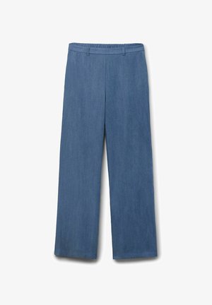 Pantalon bleu à jambes larges avec taille élastique et passants pour ceinture, fabriqué en tissu léger, présenté à plat sur fond blanc.