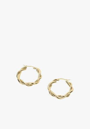 Gouden oorringen met gedraaid ontwerp. Voorzien van een gestructureerd oppervlak en een sluiting met een grendel. Cirkelvormig met een gepolijste afwerking.