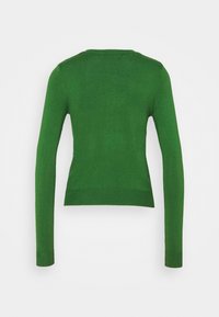 Groene gebreide trui met lange mouwen, ronde halslijn en geribbelde boorden. Soepele textuur, getailleerd ontwerp, cropped lengte en minimalistische stijl.