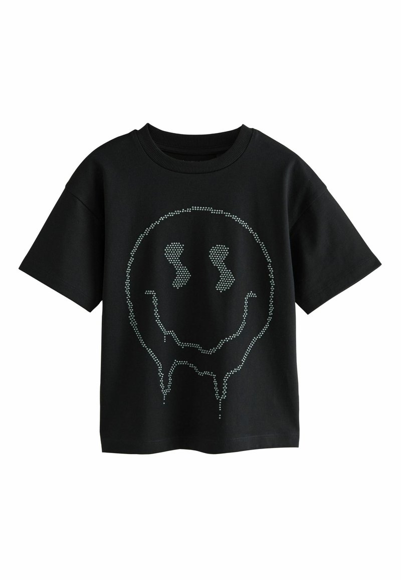 Tricou negru din bumbac, cu mâneci scurte, având un design cu față zâmbitoare realizat din tinte de culoare deschisă, cu detalii care par să se topească în partea de jos.