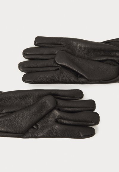 Black leather gloves with a textured finish, featuring a sleek design and prominent finger separation. Folded and arranged on a white background.
