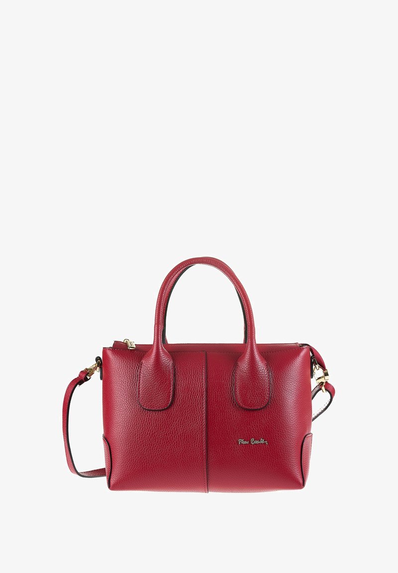 Red leather handbag with a pebbled texture, two short handles, a removable shoulder strap, and a gold-tone logo accent.