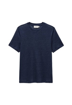T-shirt bleu marine à manches courtes et col rond avec un design uni, présenté à plat sur fond blanc.