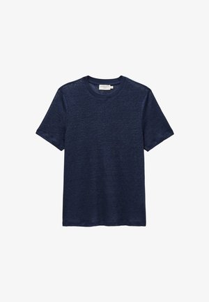 T-shirt bleu marine à manches courtes et col rond avec un design uni, présenté à plat sur fond blanc.
