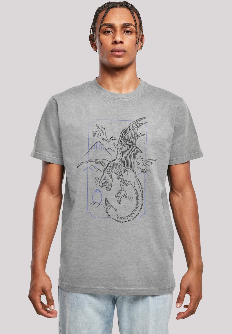 Camiseta de algodón gris con un gráfico de dragón negro y azul rodeado de montañas y un huevo, con escote redondo y mangas cortas.