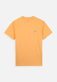 T-shirt à manche courte de couleur orange vif, en coton, avec un petit logo flocon de neige bleu sur la poitrine, au design classique à col rond.