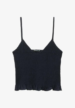 Marineblå, smocket crop top med tynde justerbare stropper og en flæse i kanten. Lavet af letvægtsstof med en tekstureret overflade.
