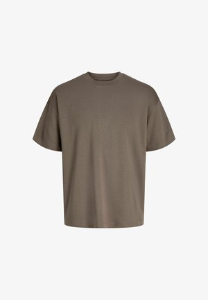 Braunes kurzärmeliges T-Shirt aus weicher Baumwolle mit klassischem Rundhalsausschnitt und lockerem Schnitt, ohne sichtbare Logos oder Muster.