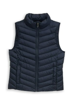 Donkerblauwe gewatteerde mouwloze bodywarmer met hoge kraag, ritssluiting aan de voorkant en zijzakken.