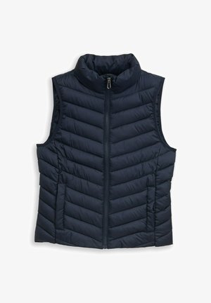 Donkerblauwe gewatteerde mouwloze bodywarmer met hoge kraag, ritssluiting aan de voorkant en zijzakken.