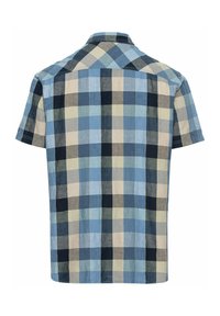 Korte mouwen geruit overhemd in blauw, lichtblauw, crème en marineblauw. Kenmerkt zich door gevarieerde ruitpatronen en een standaard kraagontwerp.