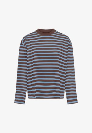 T-shirt à manches longues avec col rond, rayé horizontalement en bleu clair et marron, présenté à plat sur fond blanc.