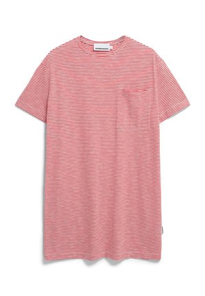 Gestreept T-shirt met korte mouwen, voorzien van rode en witte horizontale strepen, een ronde halslijn en een klein borstzakje. Zachte stoffen textuur.