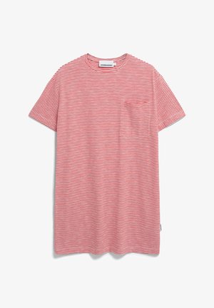 Gestreept T-shirt met korte mouwen, voorzien van rode en witte horizontale strepen, een ronde halslijn en een klein borstzakje. Zachte stoffen textuur.