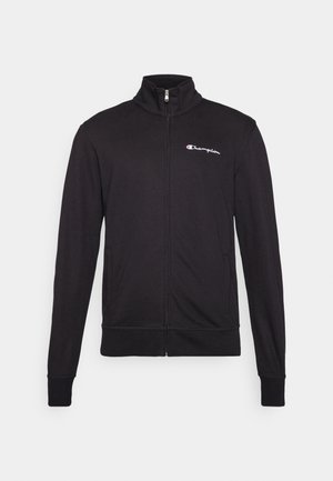 Čierna zipová bunda s vysokým golierom, vyrobená z mäkkej tkaniny. Na ľavej hrudi obsahuje logo "Champion" a elastické manžety.