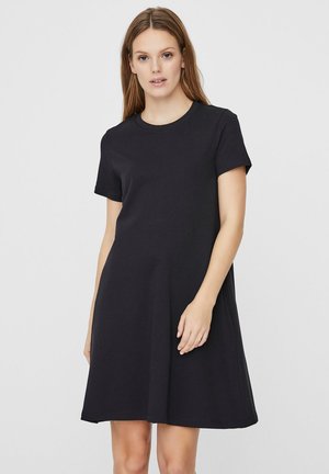 Black short-sleeve dress in a relaxed fit with a round neckline, made of soft fabric, featuring a flowing silhouette and no patterns or accents.