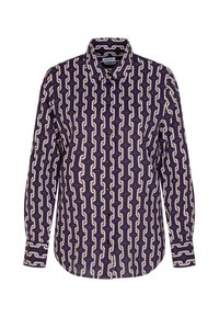 Camicia a maniche lunghe di colore viola con un motivo geometrico a catena in crema e viola scuro, dotata di un classico design del colletto.