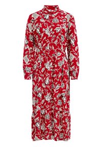 Röd klänning med blommönster, långa ärmar, krage och midjeband, med vita och svarta blommor på mjukt tyg.