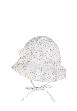 Weißer Baby-Sonnenhut mit kleinem blau-orangen Blumenmuster, gerafftem Rand, dekorativer Schleife und Kinnbändern.