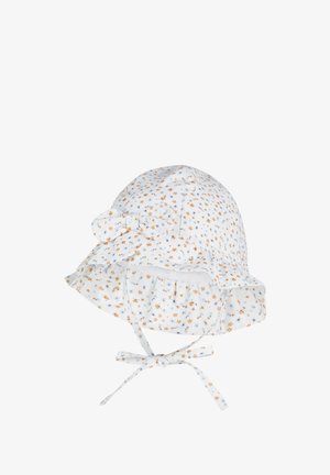 White baby sun hat with small blue and orange floral print, ruffled brim, decorative bow, and chin ties.