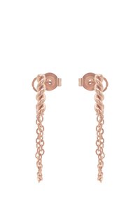 Orecchini in oro rosa caratterizzati da un design attorcigliato nella parte superiore, con una catena di anelli collegati che scendono. La finitura metallica è liscia e riflettente.