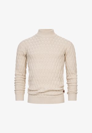 Pull en tricot couleur crème avec un col montant, présentant un motif de vagues texturé, des manches longues et un ourlet côtelé ajusté.