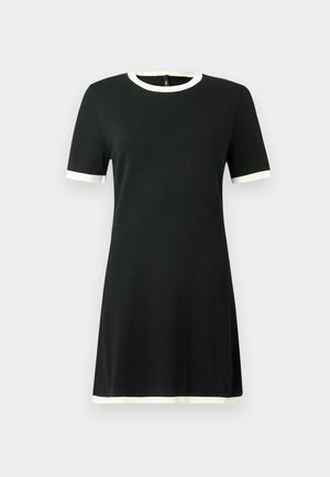 Black short-sleeve dress with contrasting white trim at the collar and sleeves. Made from soft fabric, featuring a simple, straight design.