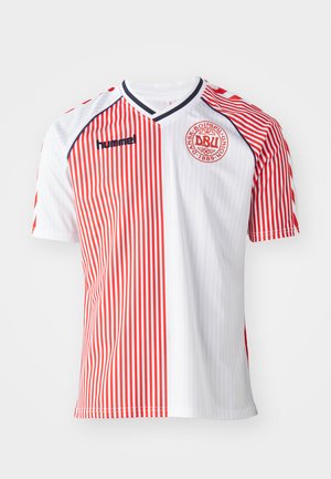 White and red striped short-sleeve football jersey with Danish Football Union logo and "hummel" brand name on the chest.